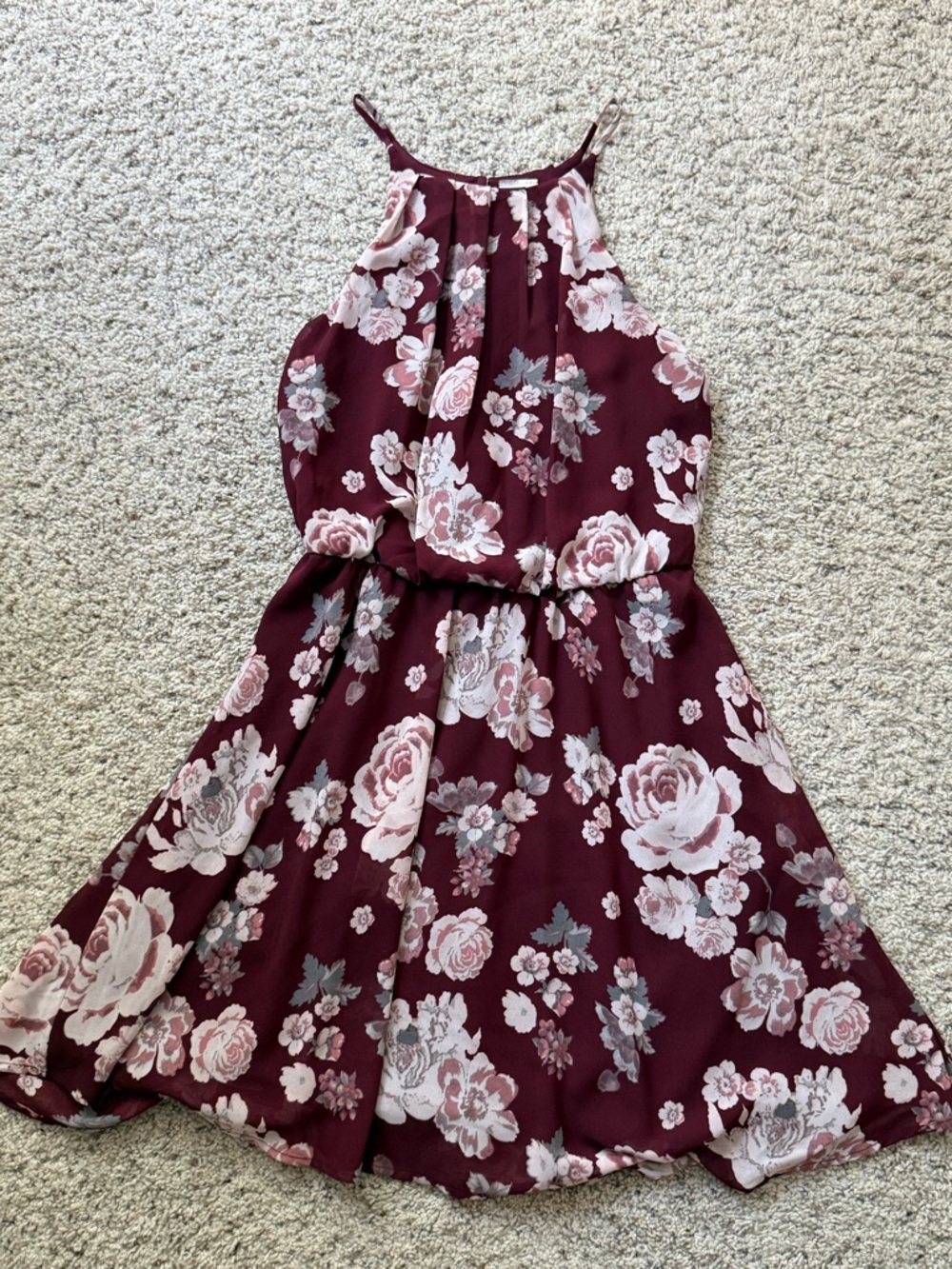 Alya Burgundy Floral Halter Dress with Pink Roses